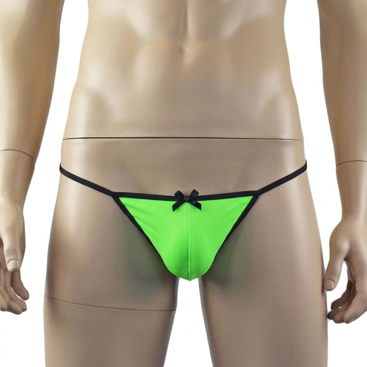 Mens Jenny Shiny Spandex Pouch G string with Bow Neon Green & Black