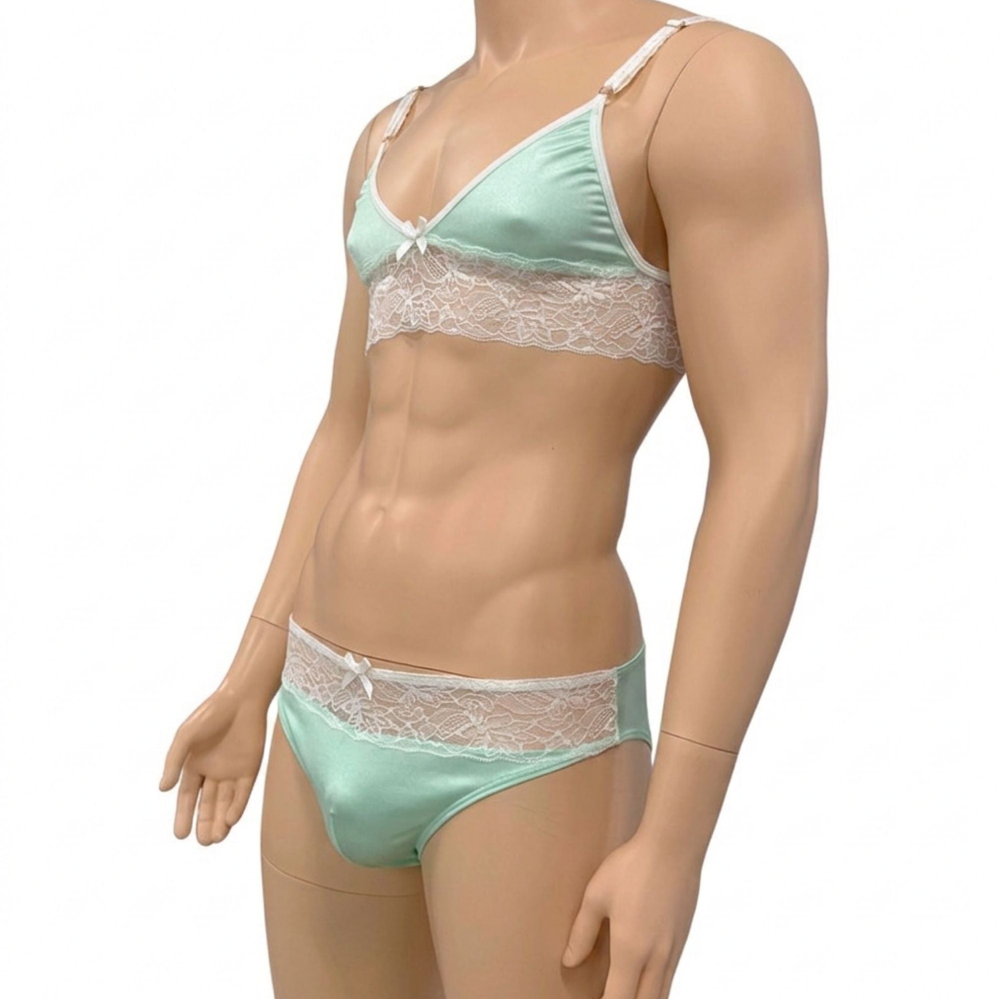 Mens Jackie & Lace Bra Top and Seamless Front Brief Mint & White Lace