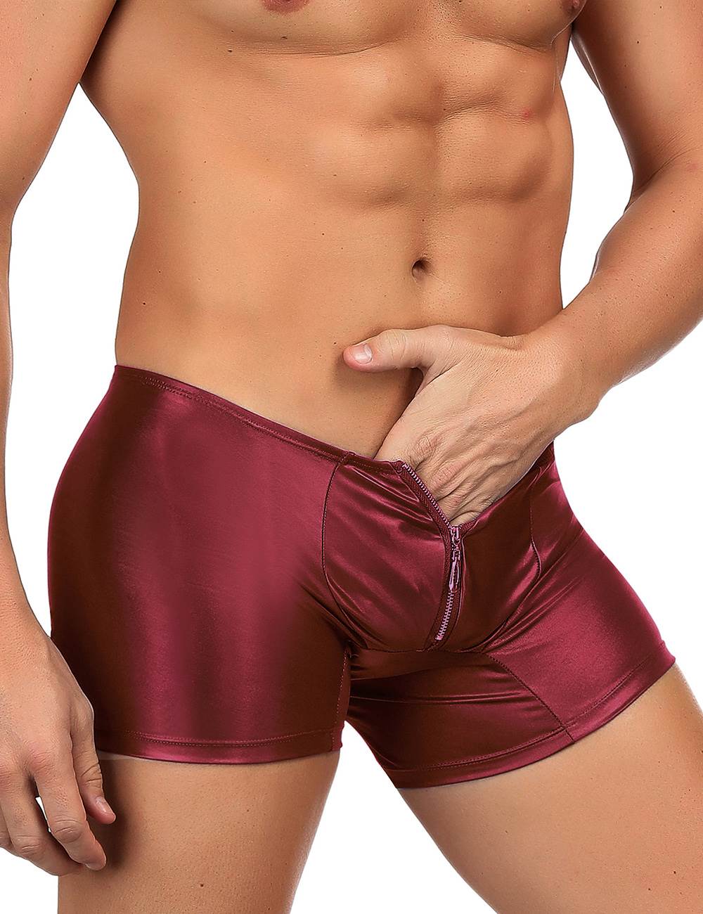 JCSTK - Mens Wetlook OY-MP069 Boxer Shorts with Zipper Pouch Front Burgundy
