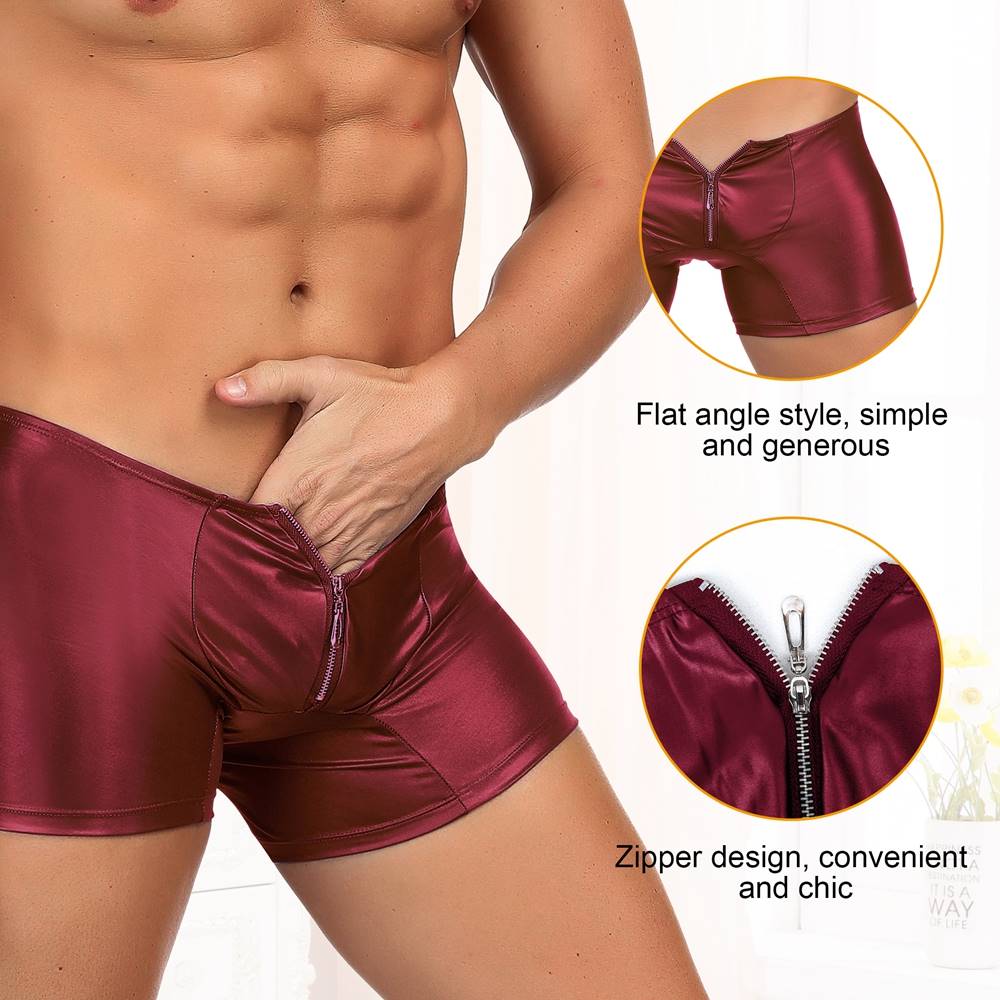 JCSTK -  Mens Wetlook Boxer Shorts with Zipper Pouch Front Burgundy