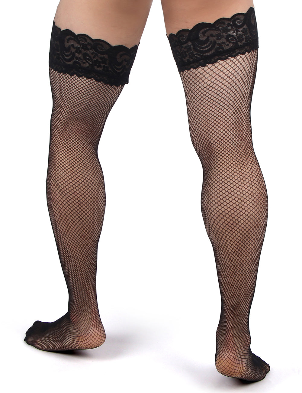JCSTK - Unisex Fishnet Lace Top Stockings, Strong for Our Males to Wear! Black