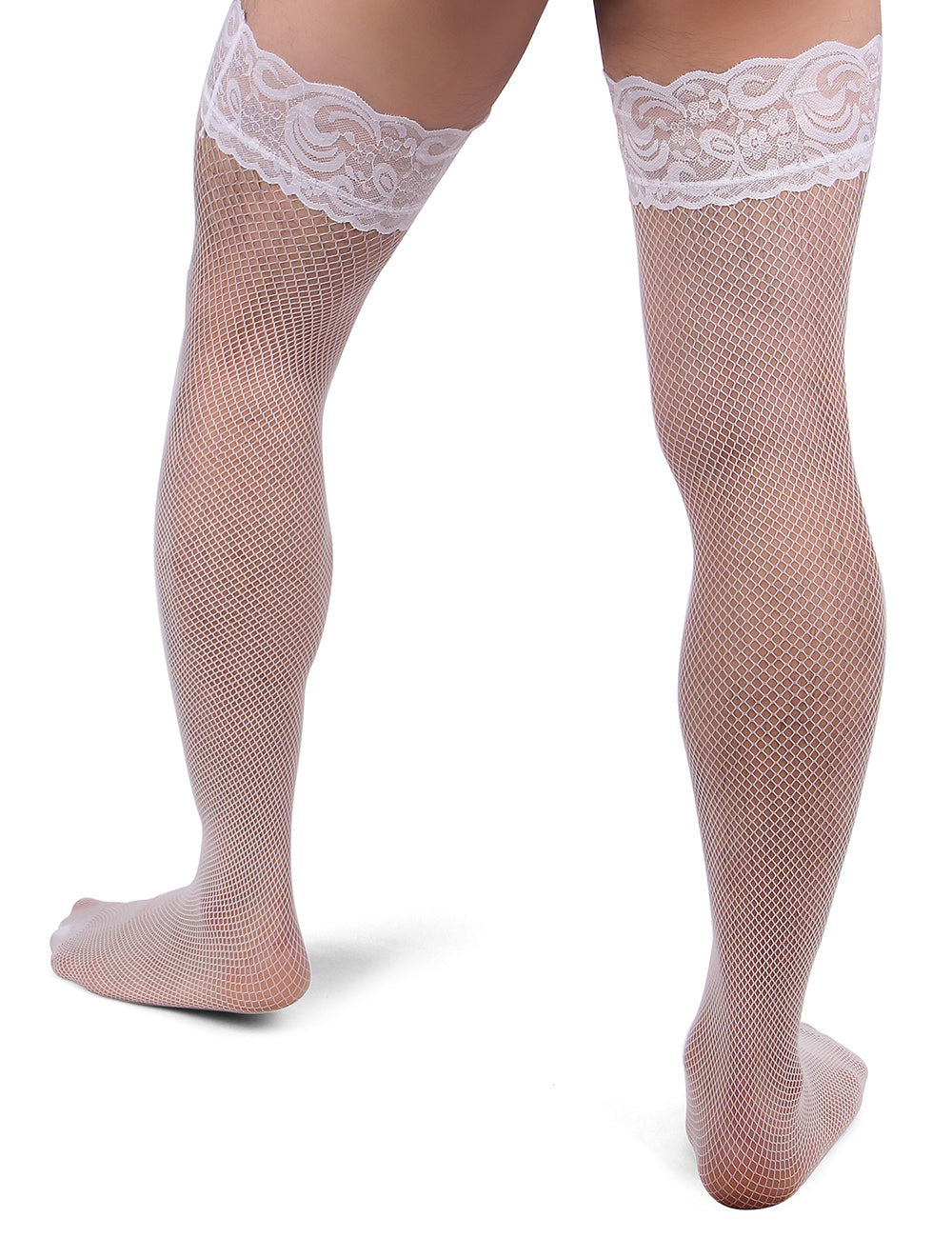 JCSTK - Unisex Fishnet Lace Top Stockings, Strong for Our Males to Wear! White
