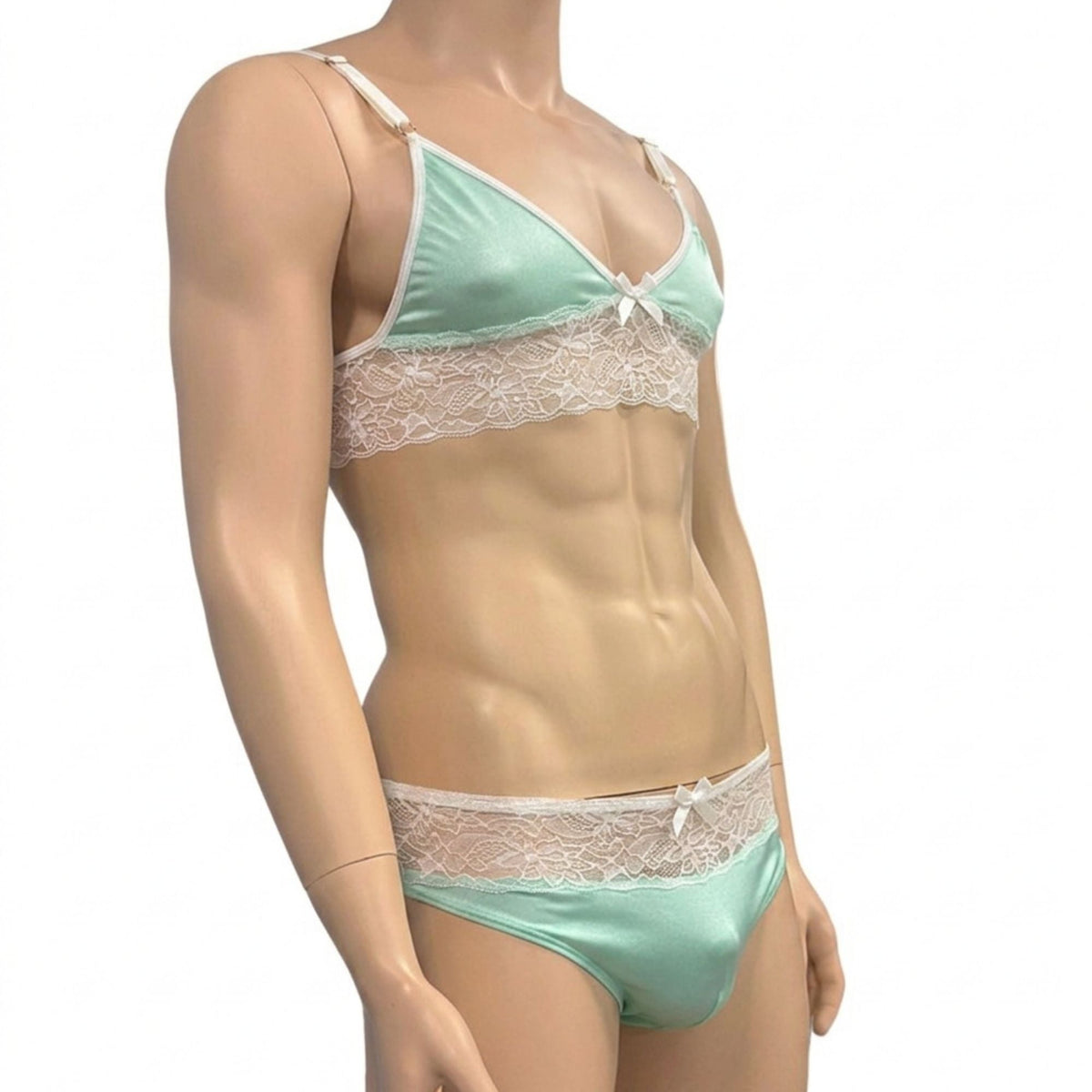 Mens Jackie Spandex & Lace Bra Top and Seamless Front Brief Mint & White Lace