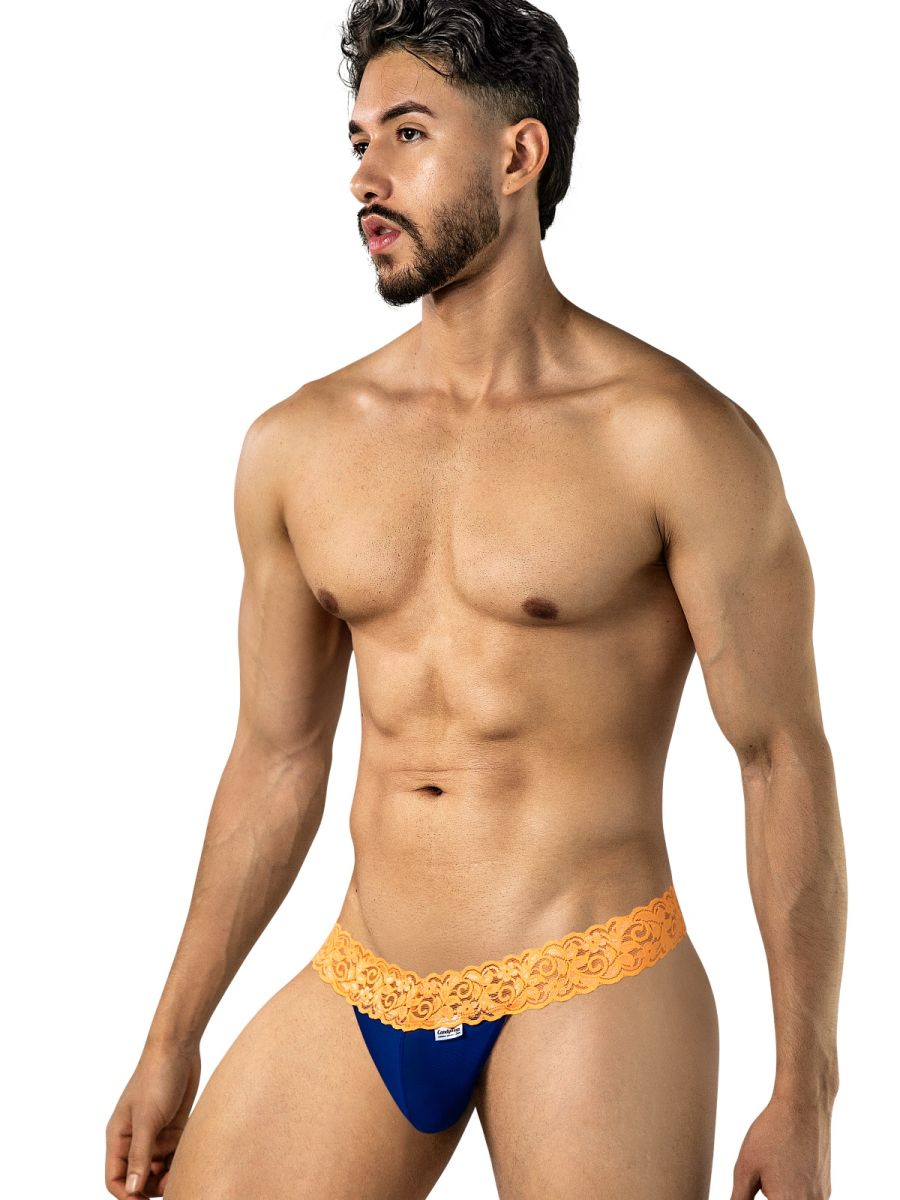CandyMan 95015 Mens Daring Floral Lace Thongs Blue & Hot Orange