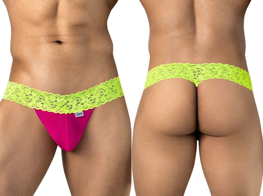 CandyMan 95015 Mens Daring Floral Lace Thongs Hot Pink & Yellow
