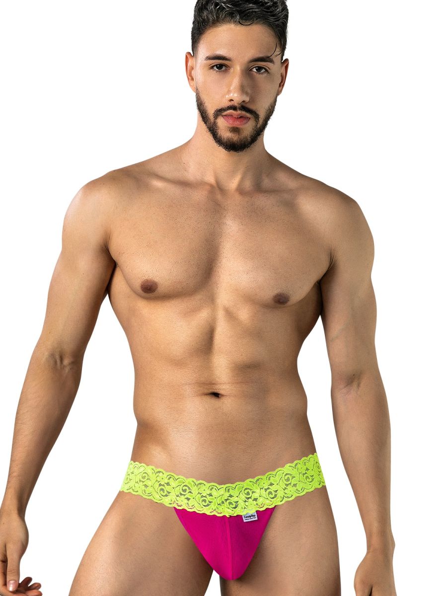 CandyMan 95015 Mens Daring Floral Lace Thongs Hot Pink & Yellow