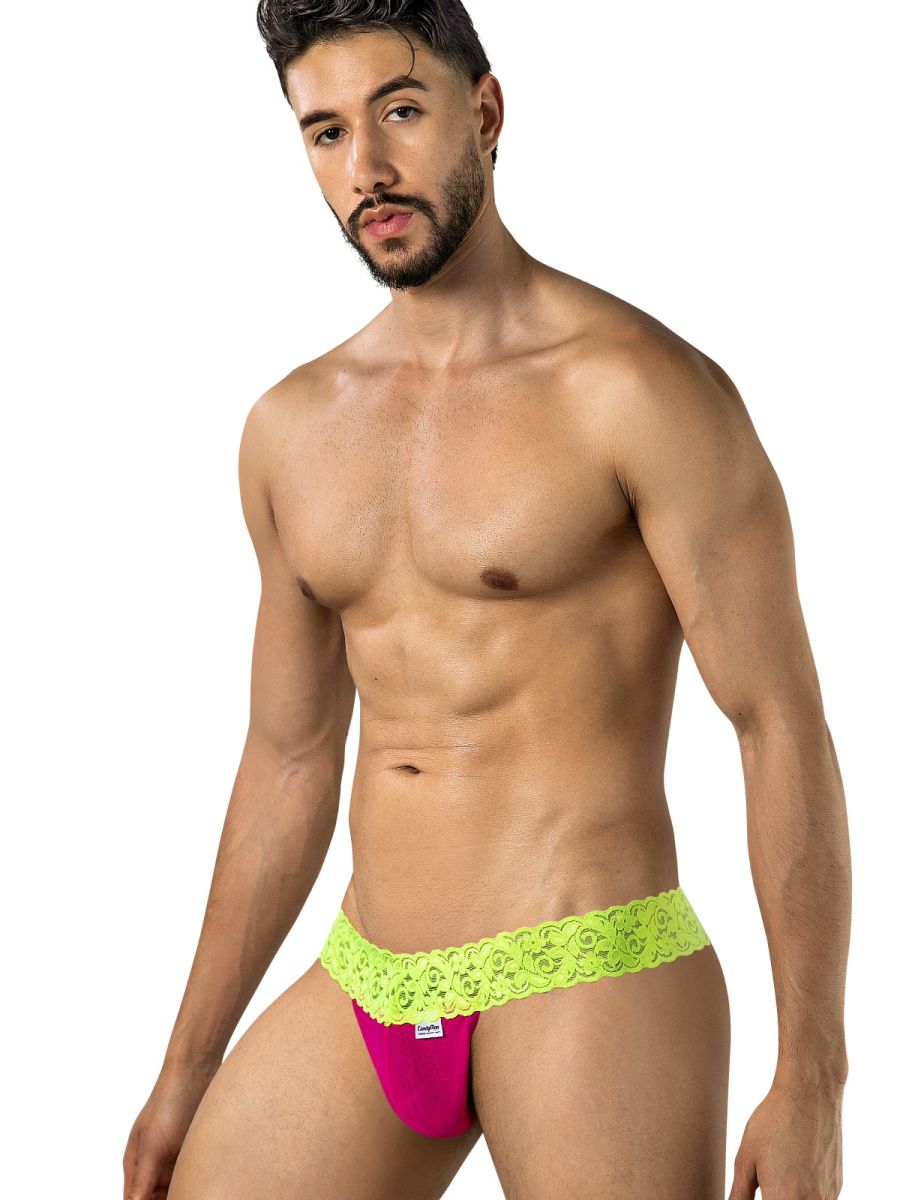 CandyMan 95015 Mens Daring Floral Lace Thongs Hot Pink & Yellow