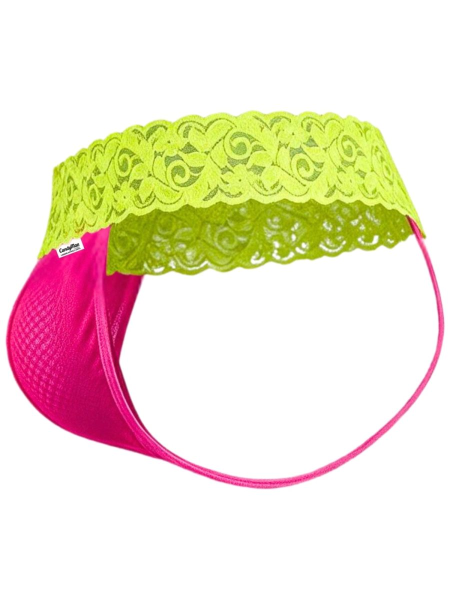 CandyMan 95015 Mens Daring Floral Lace Thongs Hot Pink & Yellow