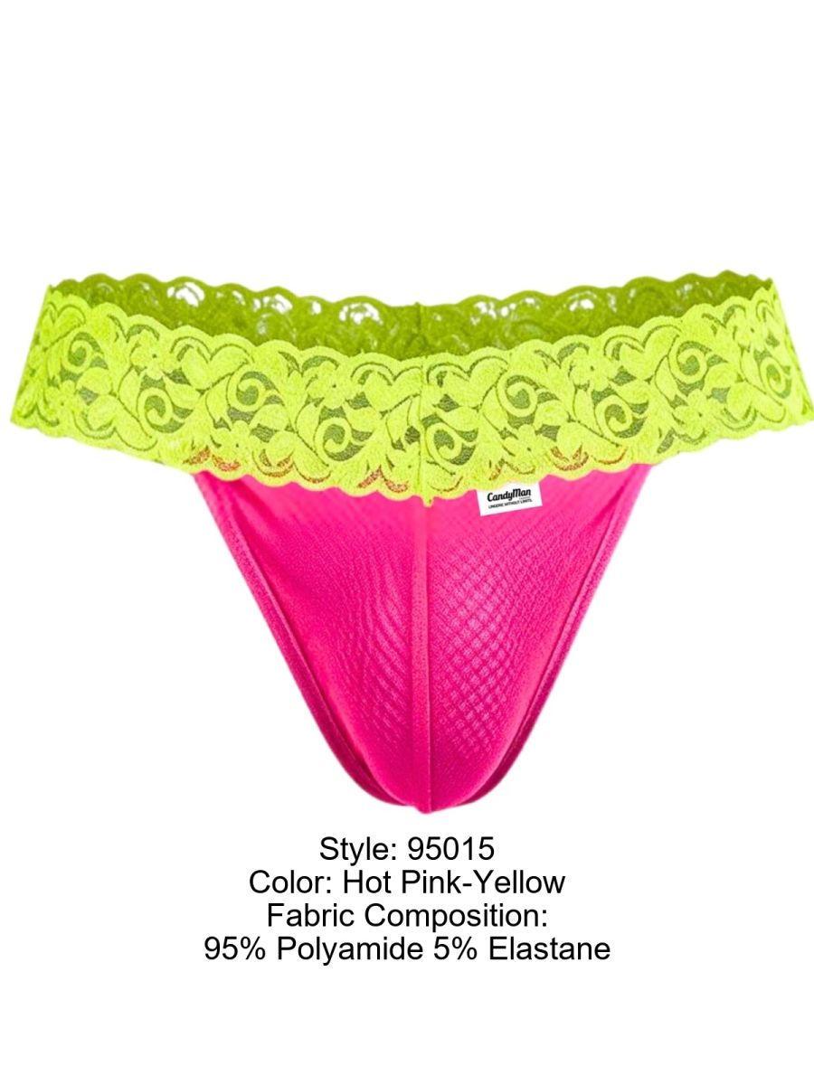 CandyMan 95015 Mens Daring Floral Lace Thongs Hot Pink & Yellow