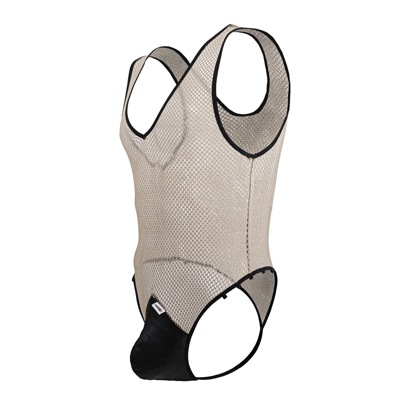 CandyMan 99858 Mens See-through Fishnet Bodysuit Beige-Black