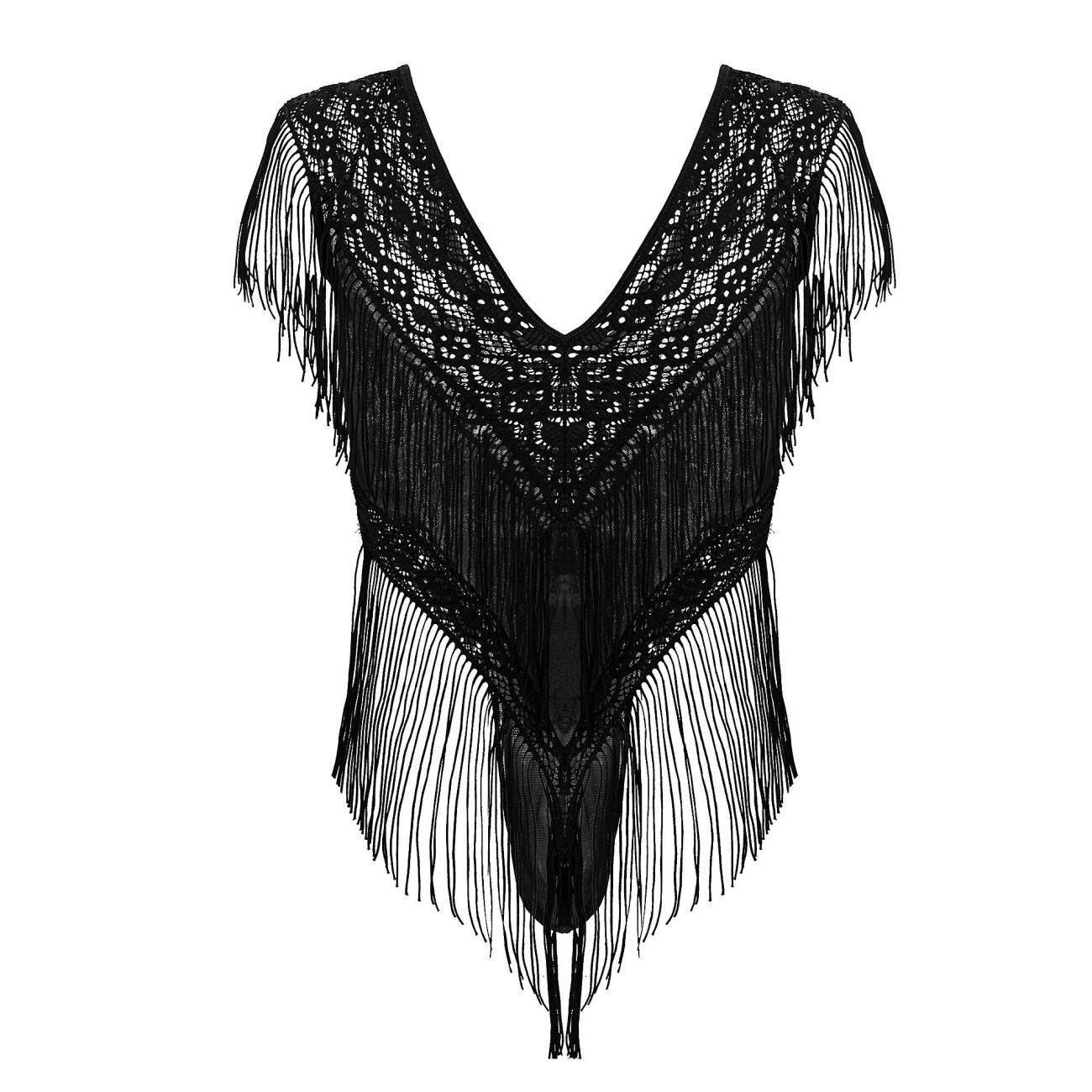 CandyMan 99865 Mens Sexy Lace-Mesh Bodysuit with Fringe Black