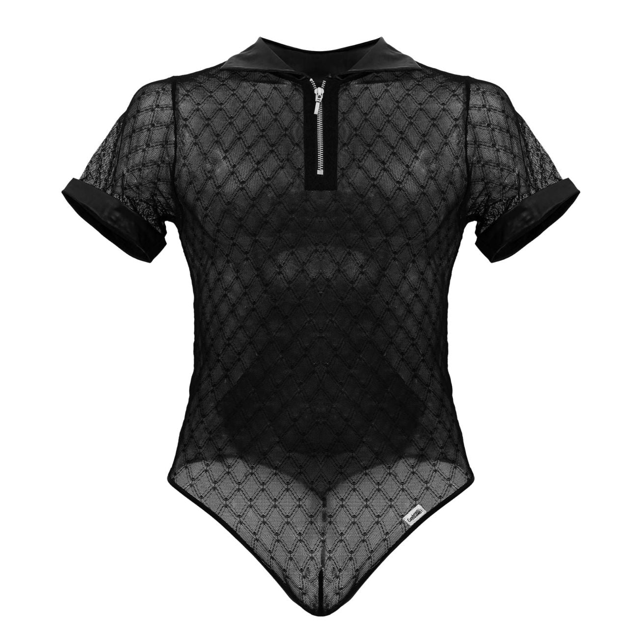 CandyMan 99902 Male Sheer Polo Inspired Geometric Mesh Bodysuit Black