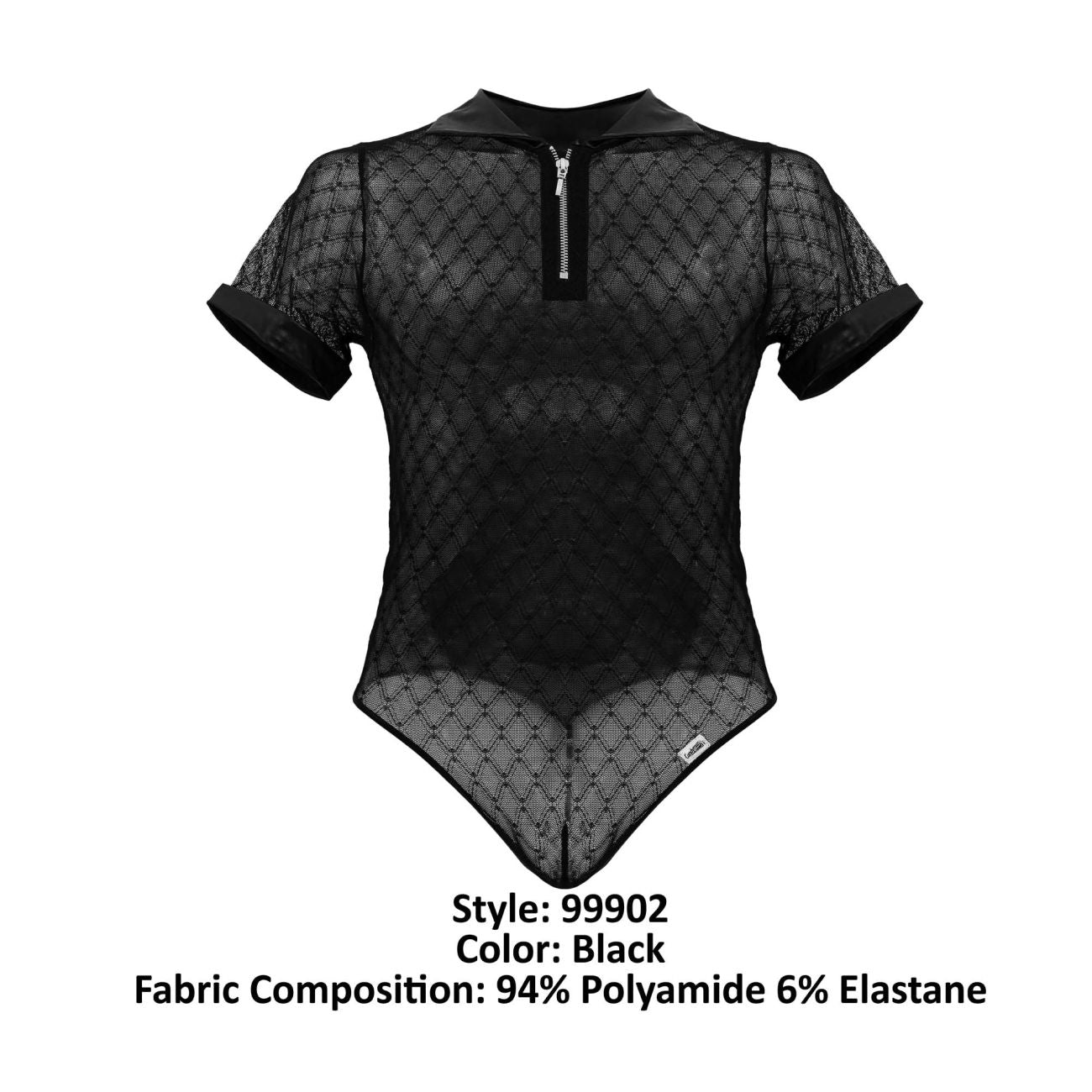 CandyMan 99902 Male Sheer Polo Inspired Geometric Mesh Bodysuit Black