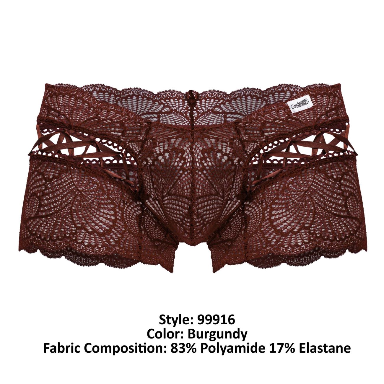 CandyMan 99916 Mens Sexy Lace Boxer Brief Trunks Burgundy