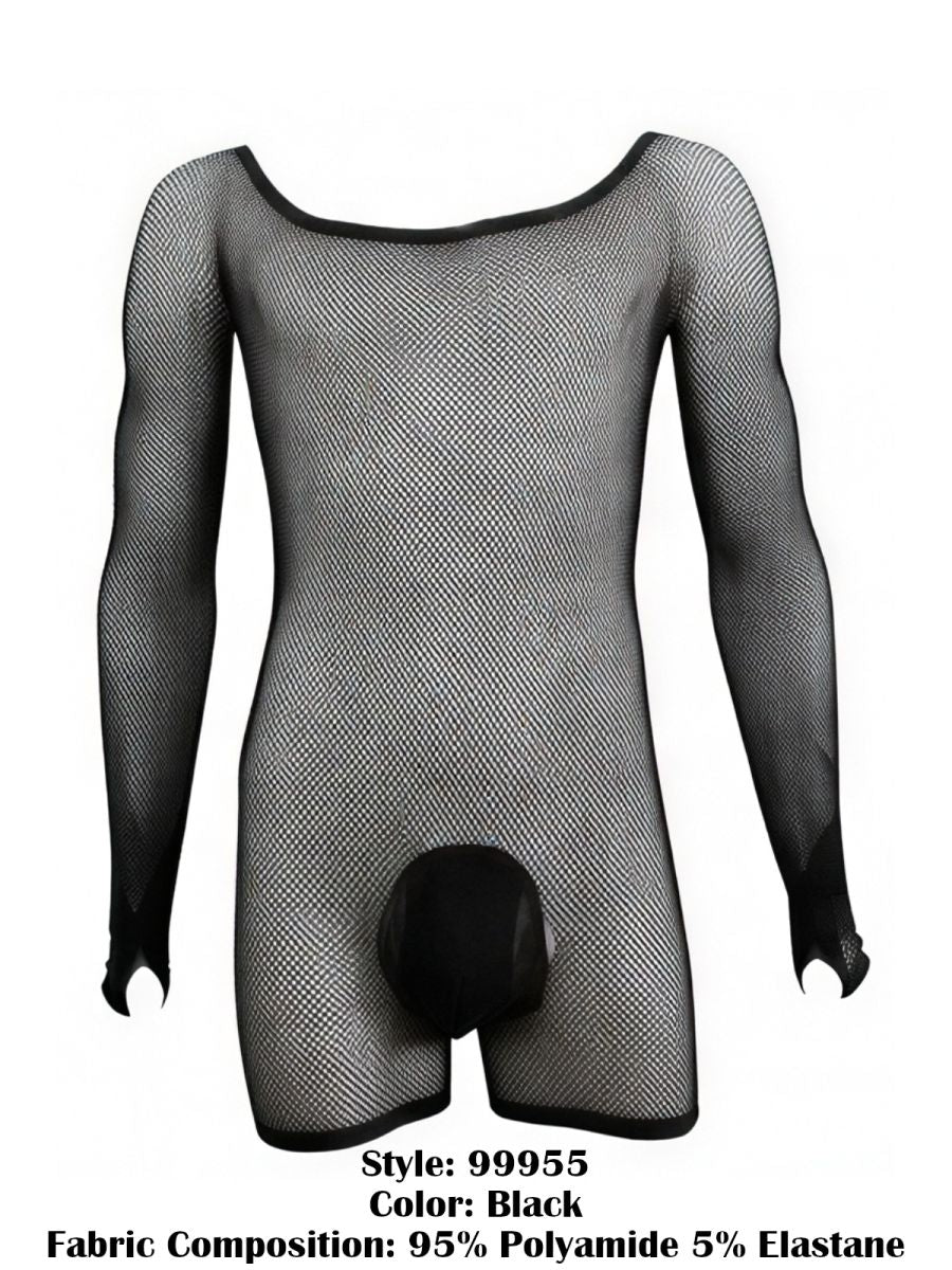 CandyMan 99955 Mens Stretch Fishnet Bodysuit with Long Sleeves Black
