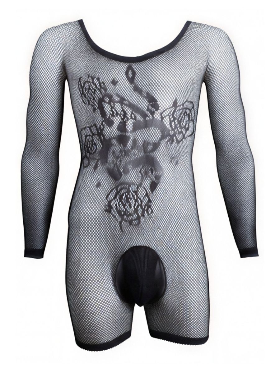 CandyMan 99959 Mens Stretch Fishnet Bodysuit with Graphic Tattoo Print Black