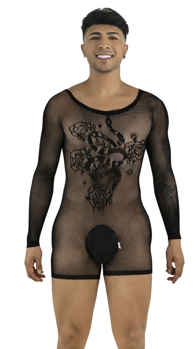 CandyMan 99959 Mens Stretch Fishnet Bodysuit with Graphic Tattoo Print Black