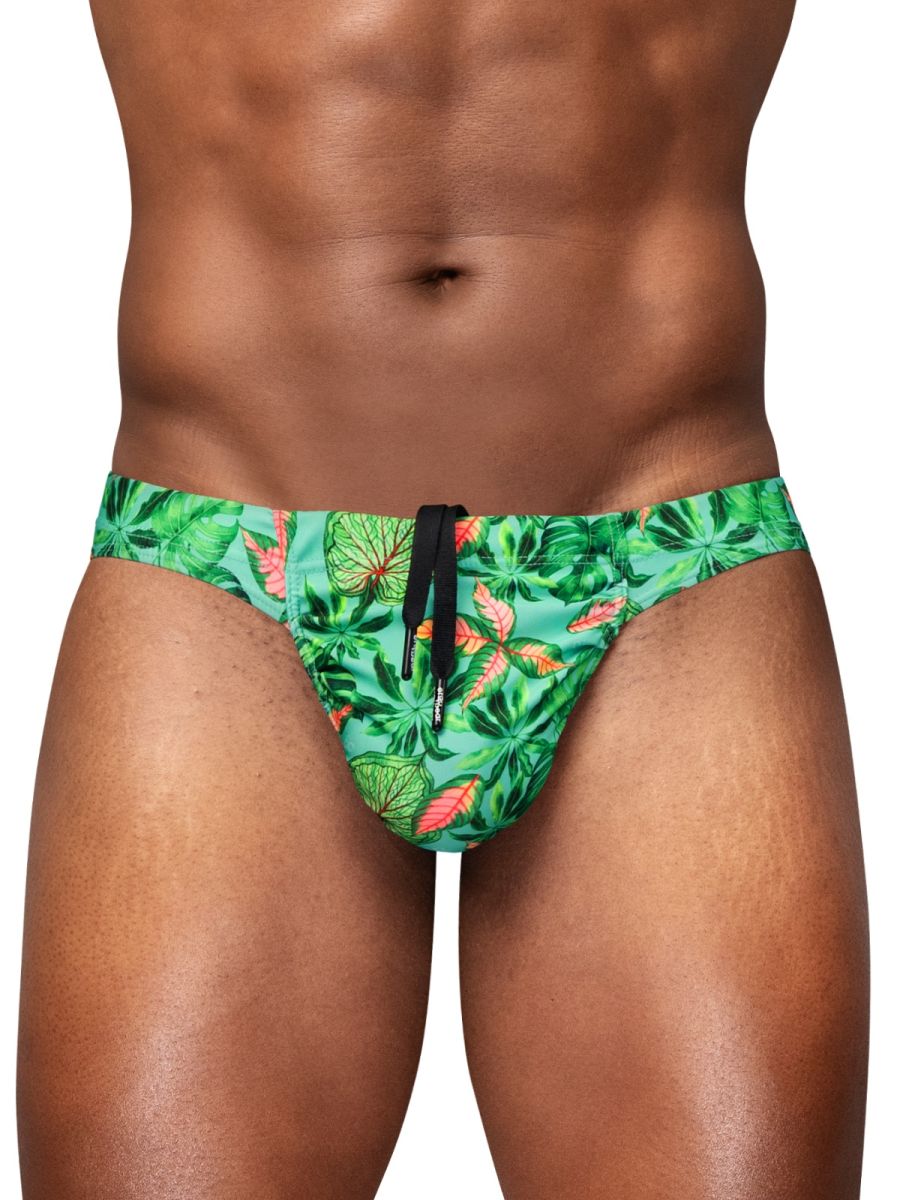 ErgoWear EW1828 Vibrant Tropical Leaf Print Mens Swim Bikini Aqua Leaves