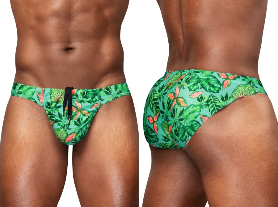 ErgoWear EW1828 Vibrant Tropical Leaf Print Mens Swim Bikini Aqua Leaves