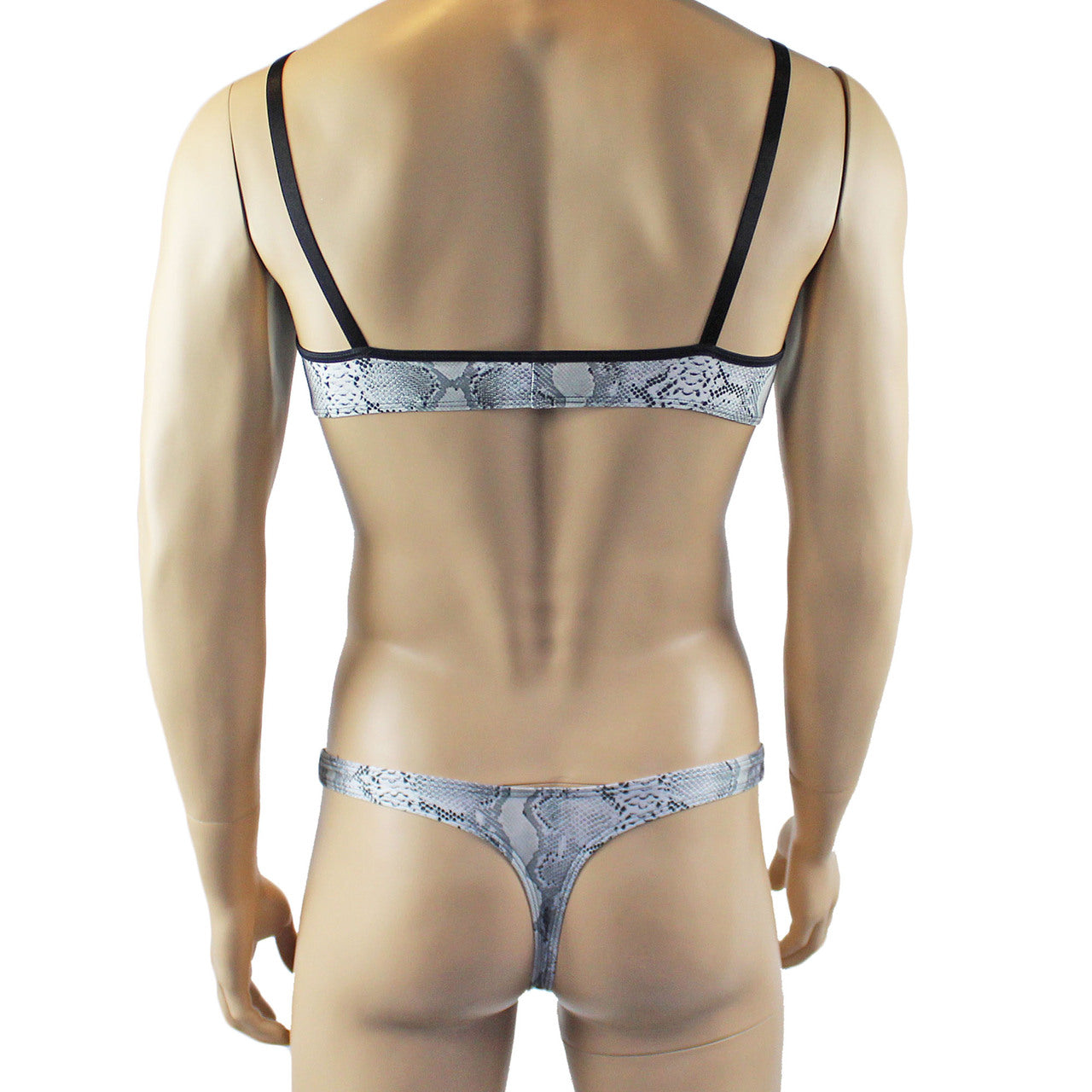 Mens Grey Snake Print Bra Top for Males & Thong