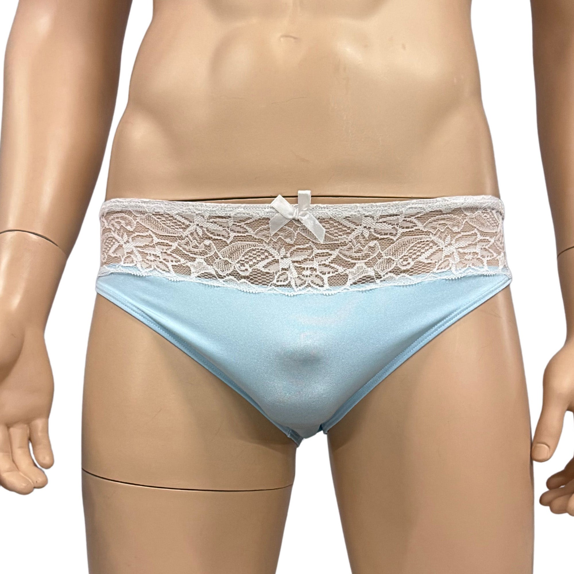 Mens Jackie & Lace Bra Top and Seamless Front Brief Light Blue & White Lace