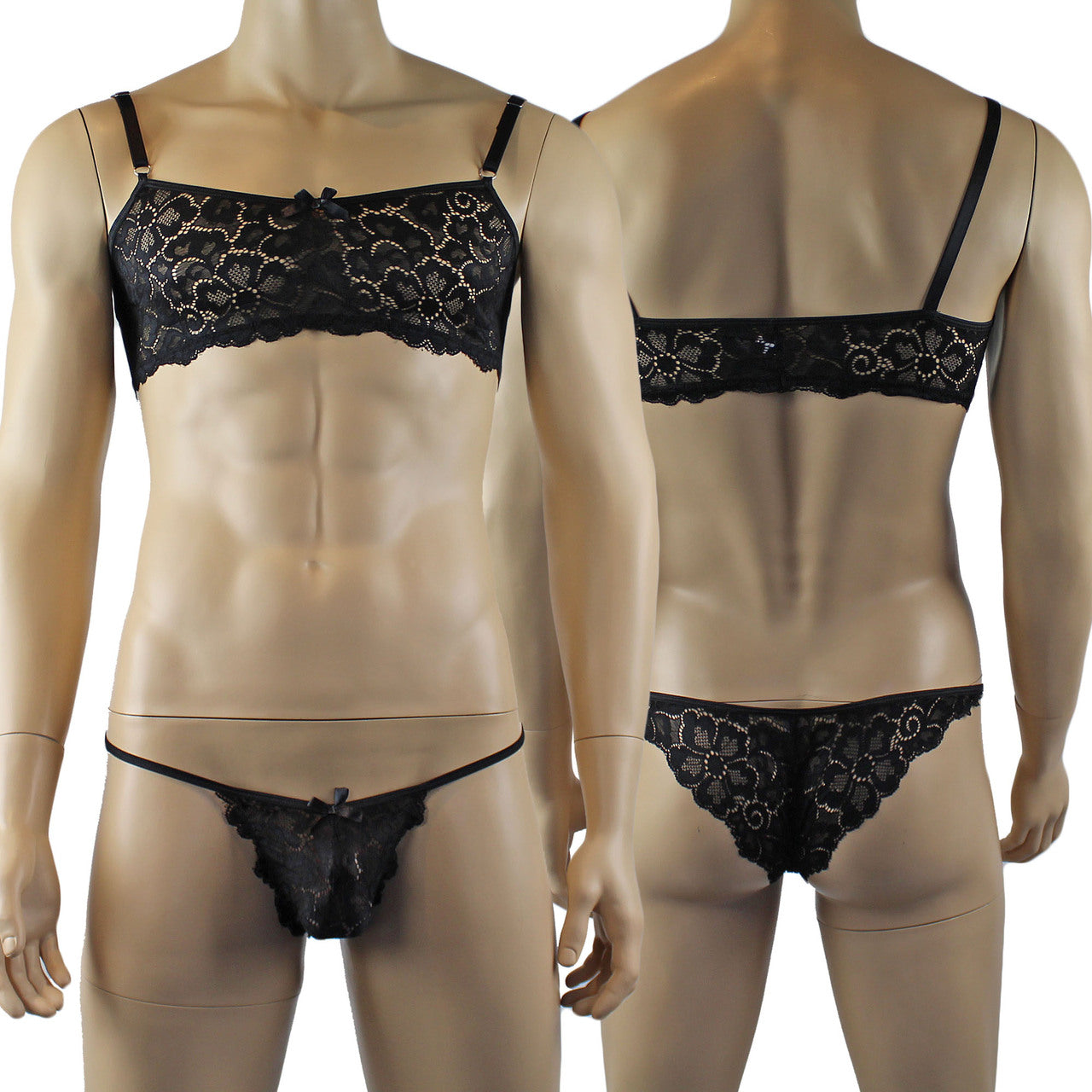 Mens Sweetheart Scalloped Shiny Lace Bra Top and Panty Black