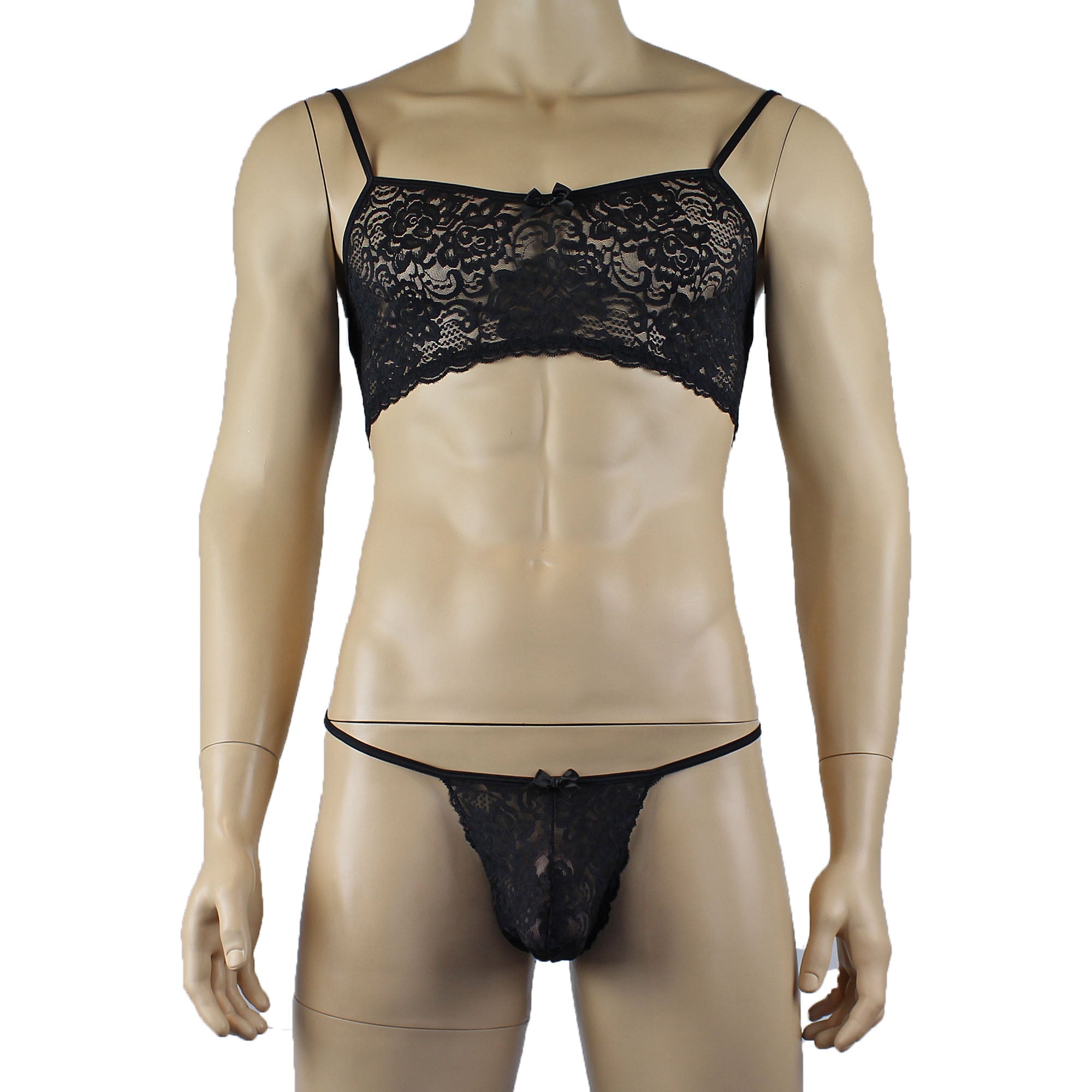 Mens Rebecca Pretty Floral Lingerie Lace Bra Top, Open Garter Boxer Shorts with G string Black