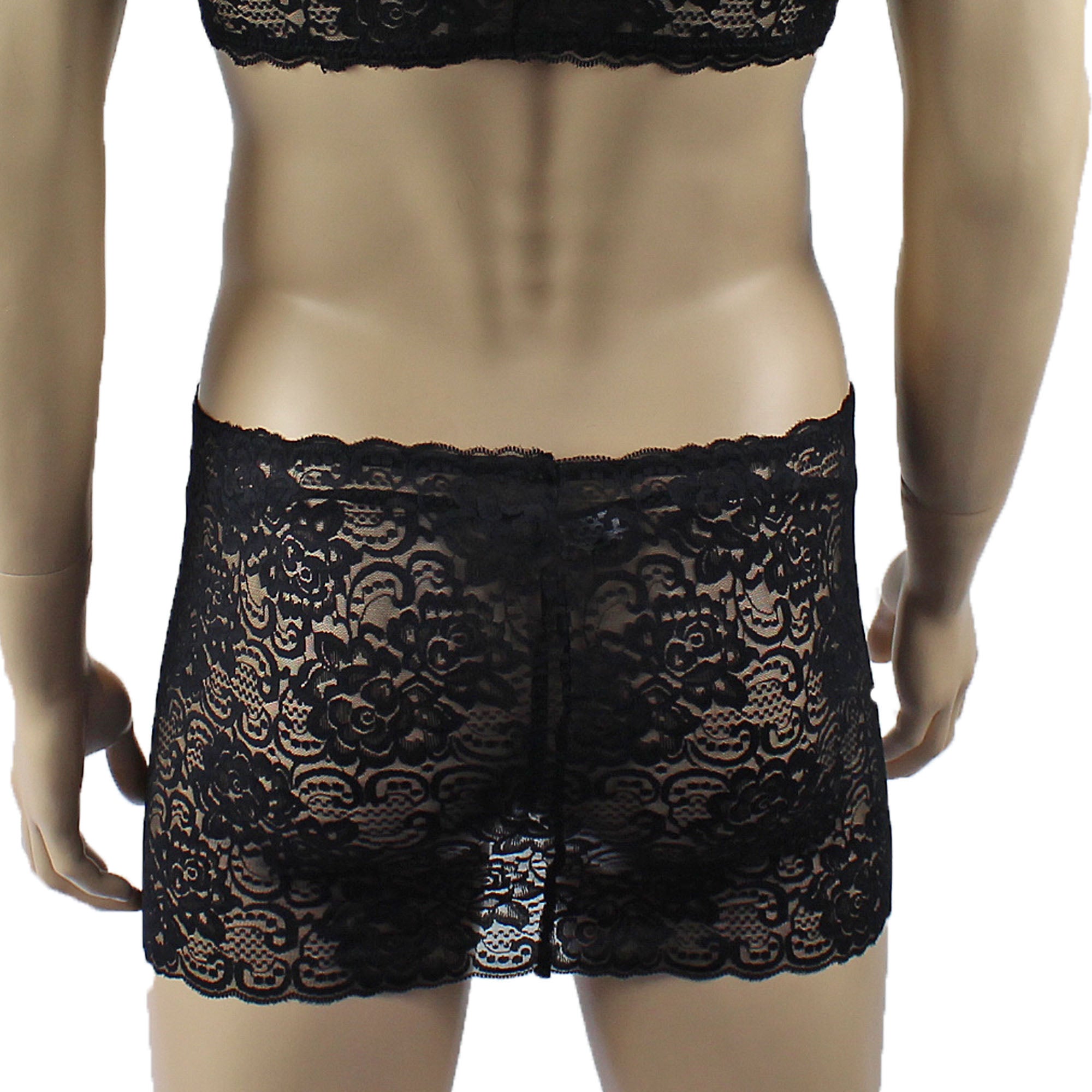 Mens Rebecca Pretty Floral Lingerie Lace Bra Top, Micro Mini Skirt and G string Black