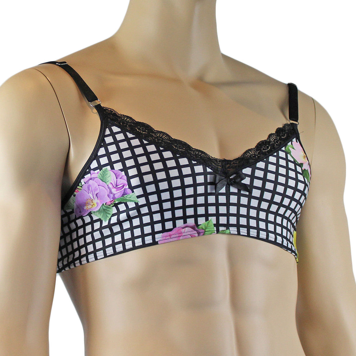 Mens Diana Bra Top in a Pretty Flower Checkered Print Spandex