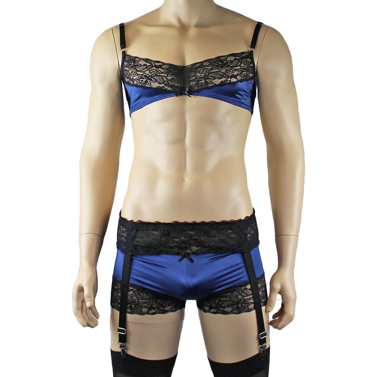 Mens Glamour Lycra & Lace Bra Top, Boxer Brief Shorts with Garterbelt & Stockings