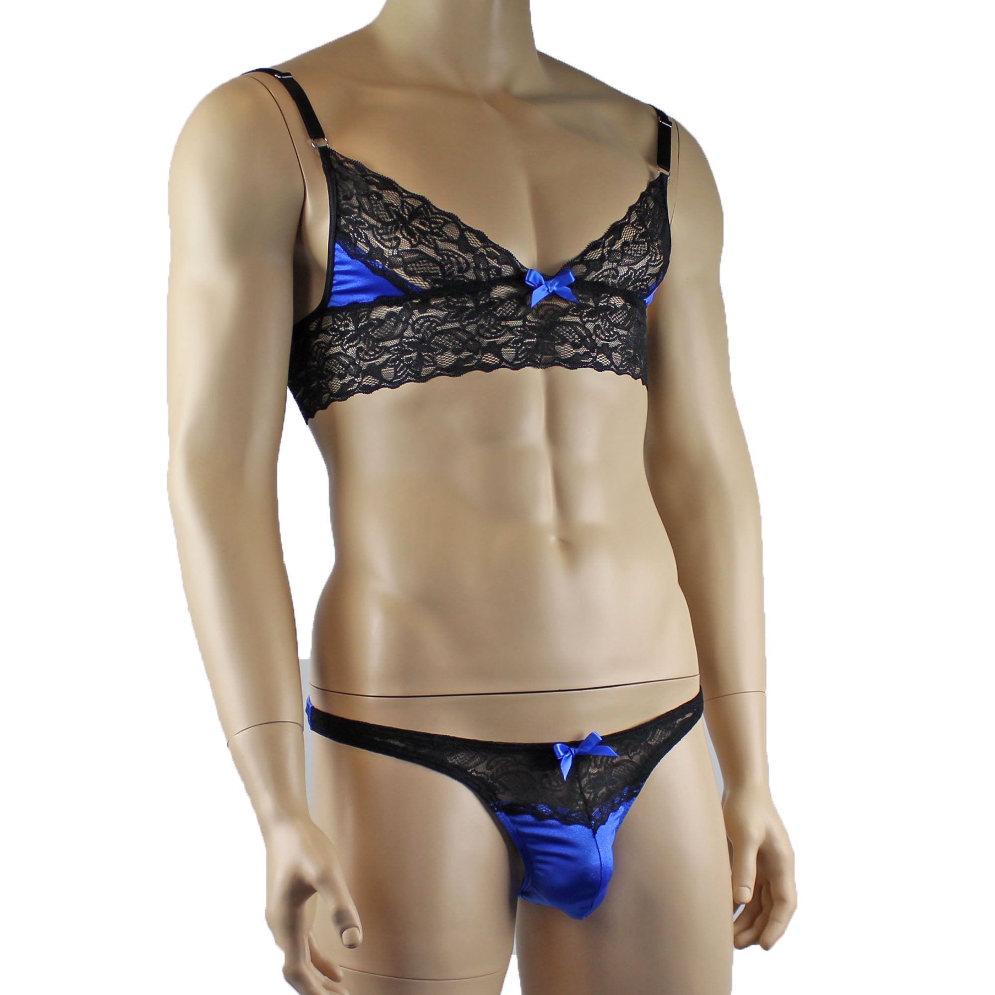 Mens Joanne Lace Bra Top Lingerie and Thong for Men Blue and Black Lace