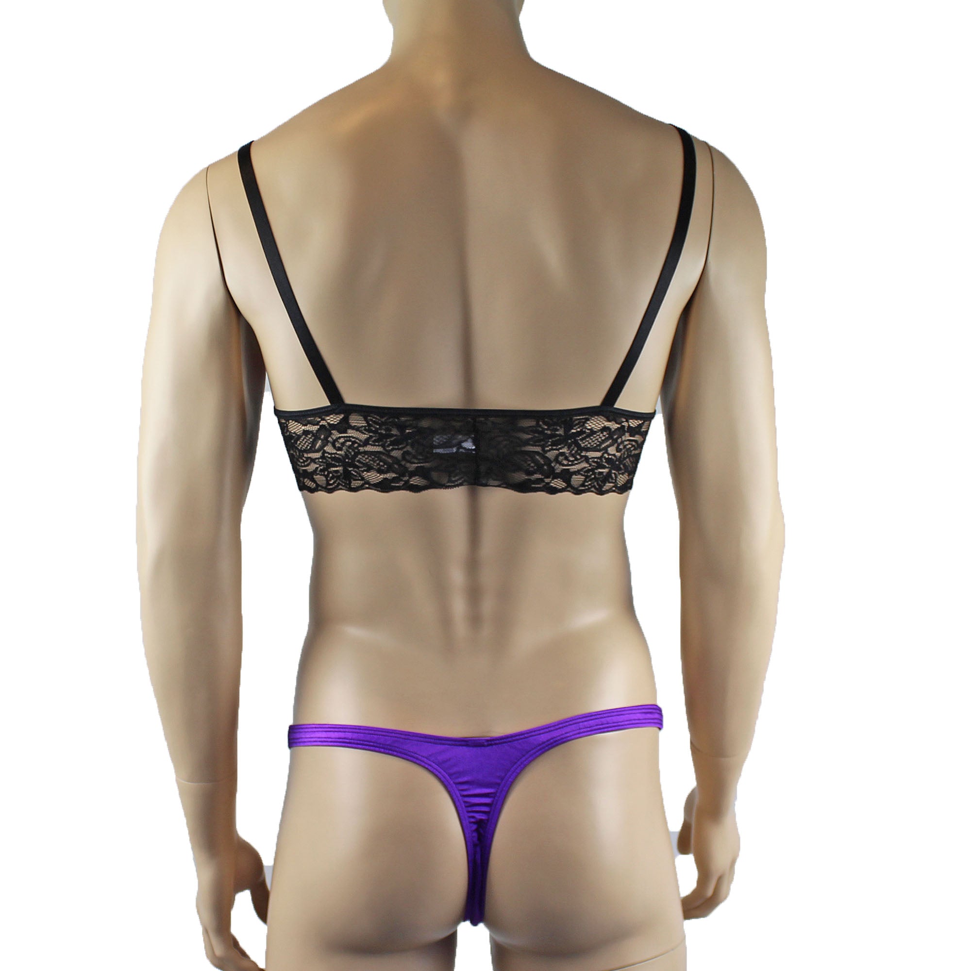 Mens Joanne Lace Bra Top Lingerie and Thong for Men Purple and Black Lace