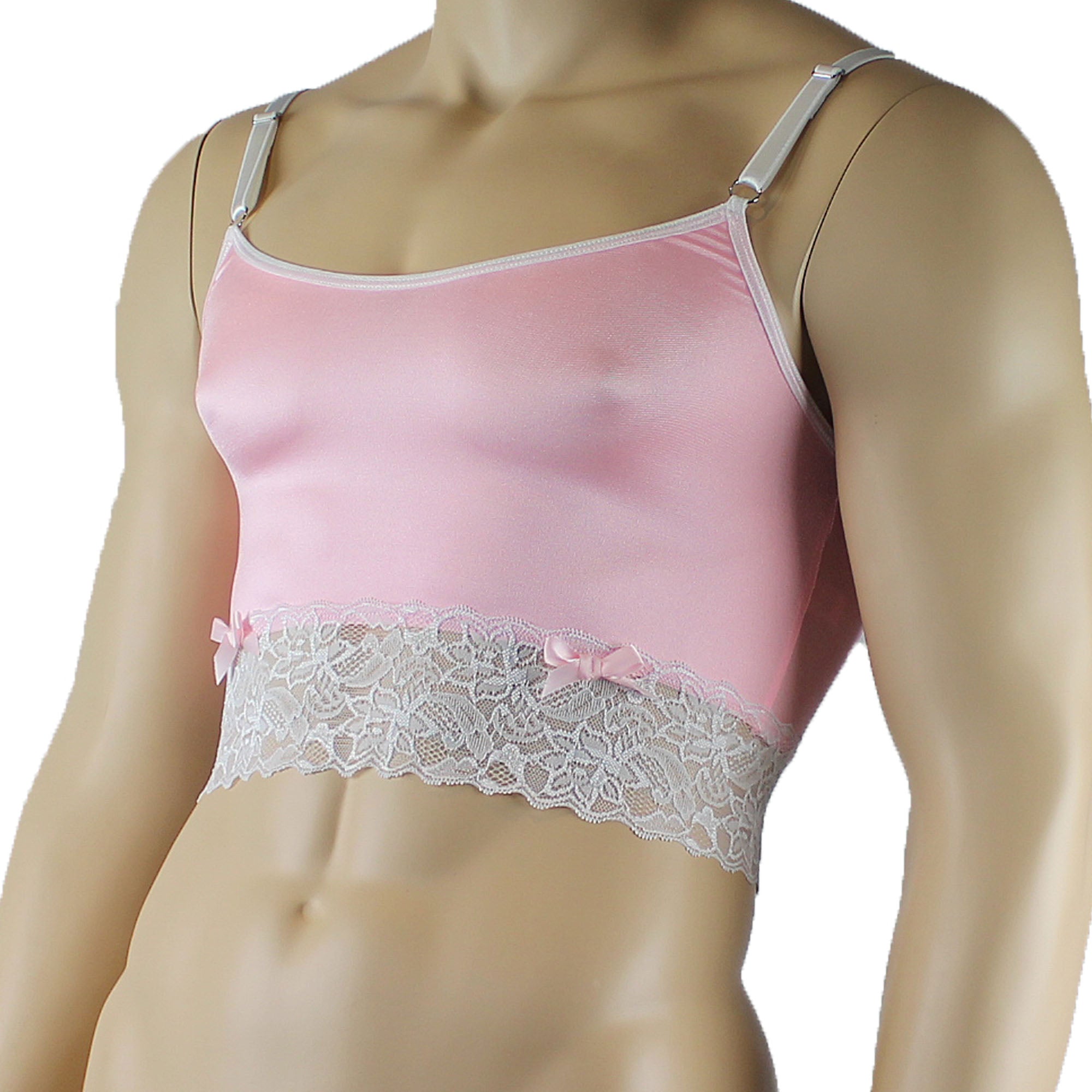 Mens Joanne Satin & Lace Crop Cami Top - Sizes up to 3XL Pink and White Lace