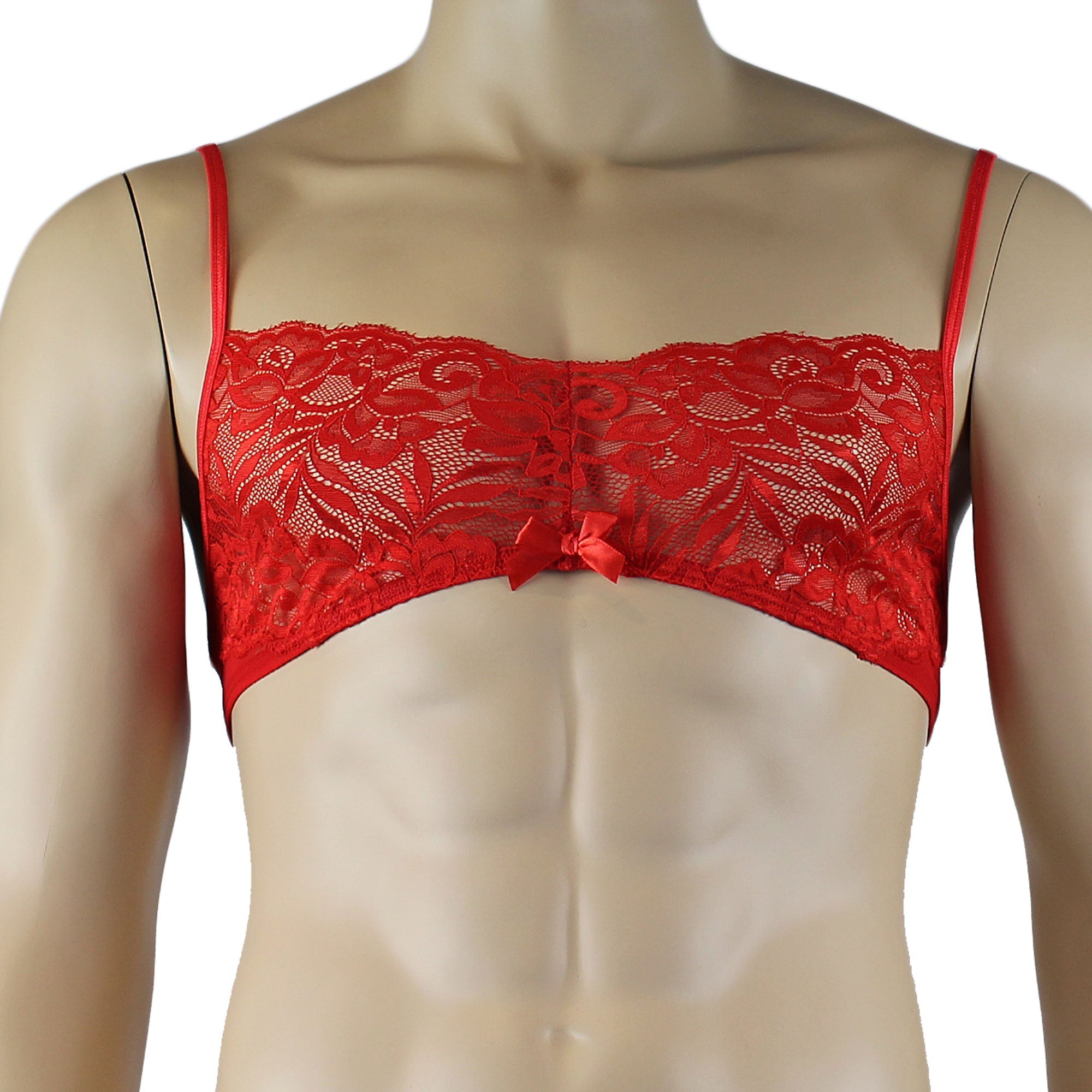 Mens Kristy Lace & Mesh Bra Top BR02L with thin Straps Red