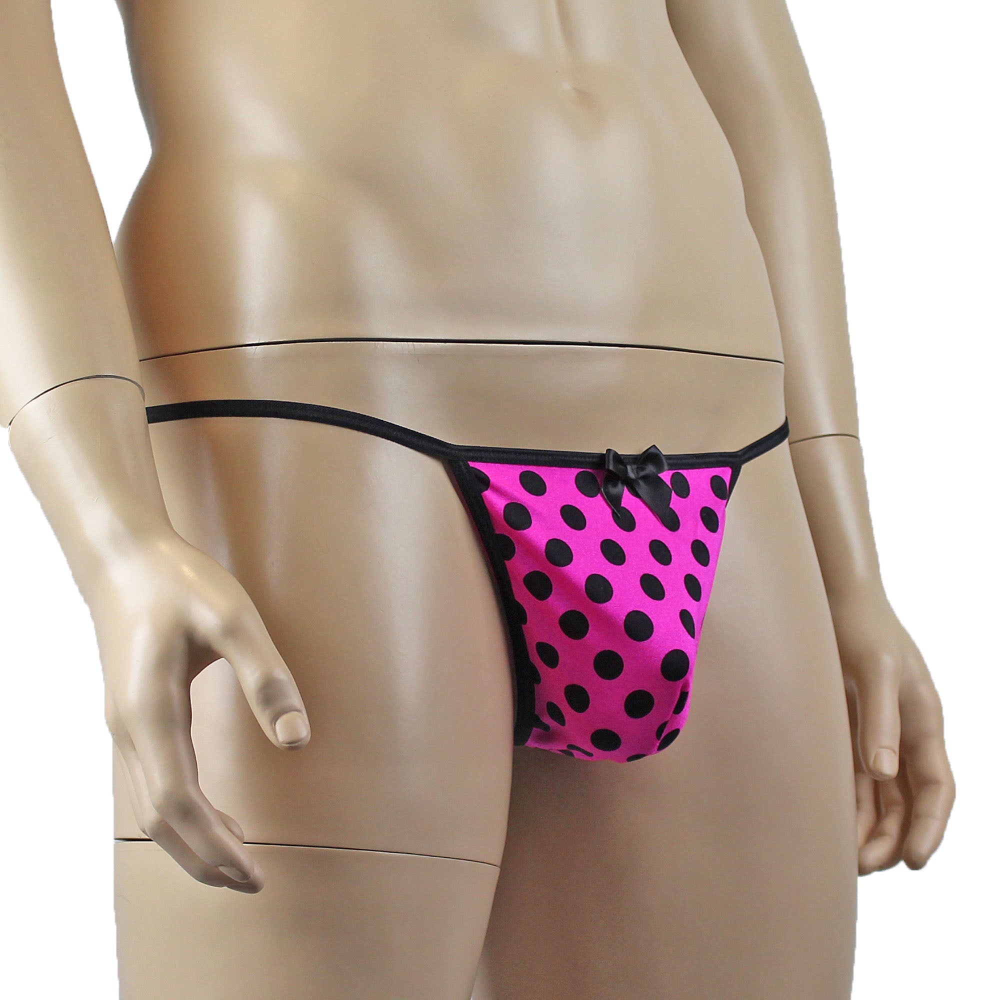 Mens Pink with Black Polka Dot Sexy V Back Pouch G string with Bow