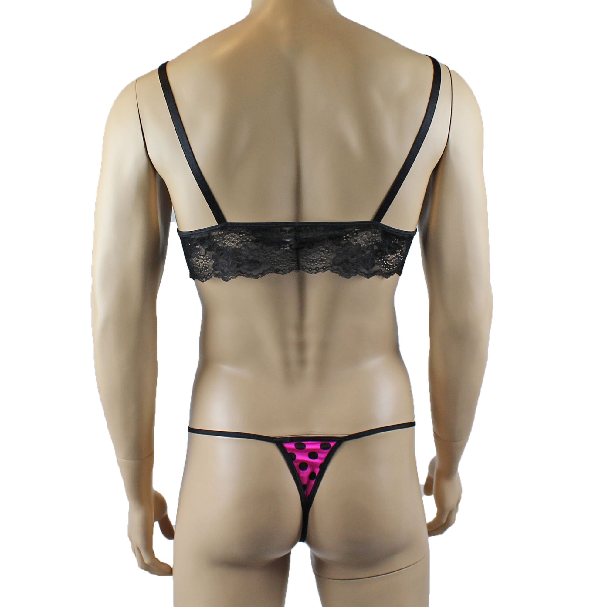 Mens Hot Pink Polka Dot & Lace Bra Top with Matching G string