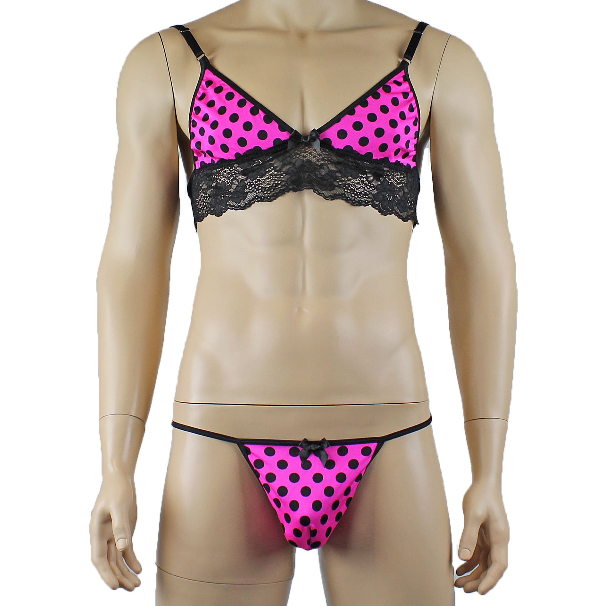 Mens Hot Pink Polka Dot & Lace Bra Top with G string & Garterbelt
