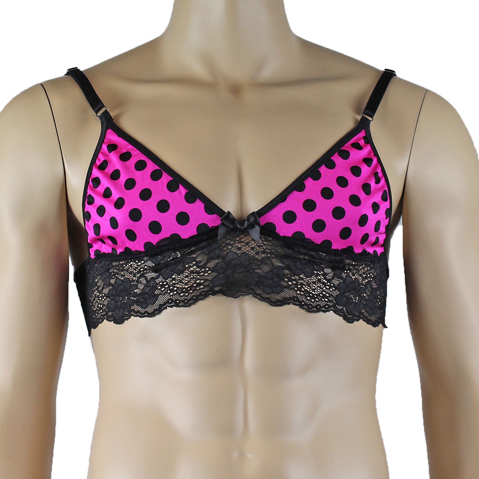 Mens Hot Pink Polka Dot & Lace Bra Top with G string & Garterbelt