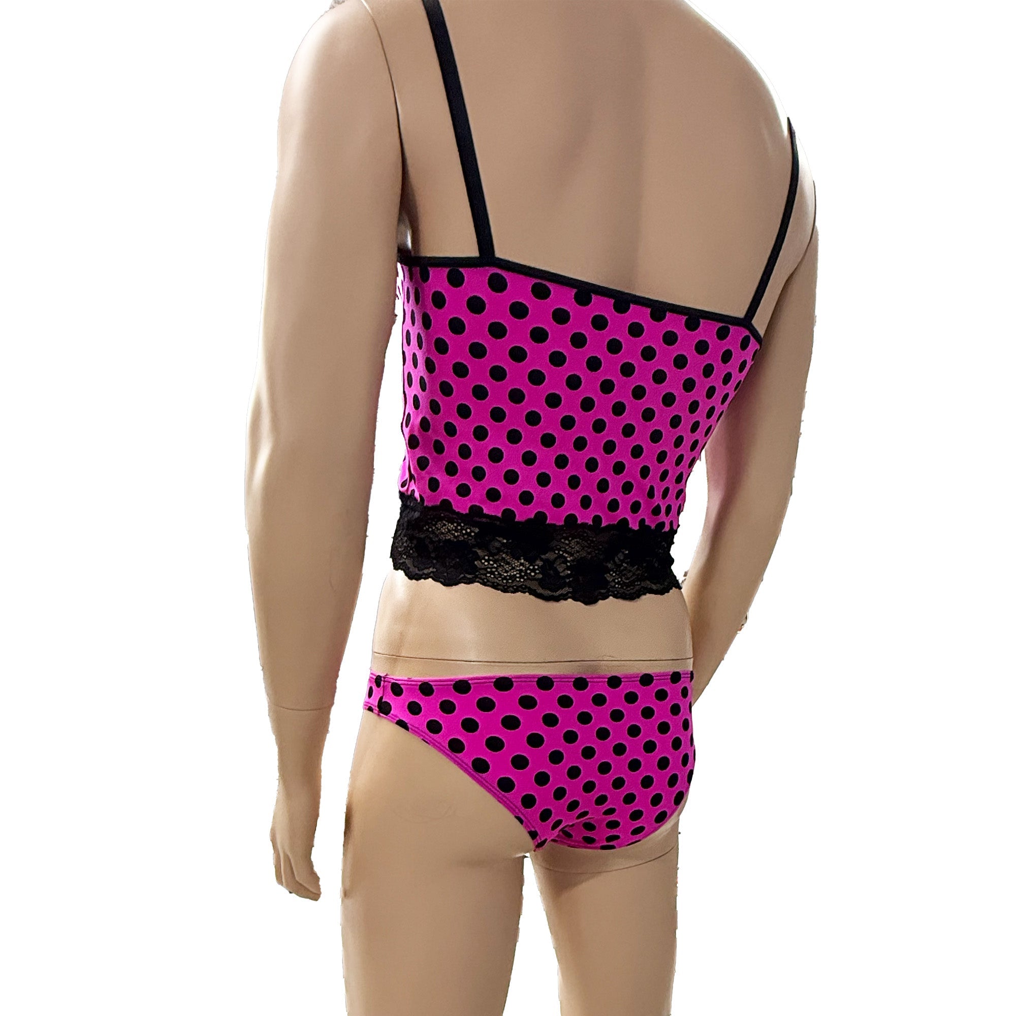 Mens Hot Pink Polka Dot & Lace Camisole Top & Seamless Bikini Brief