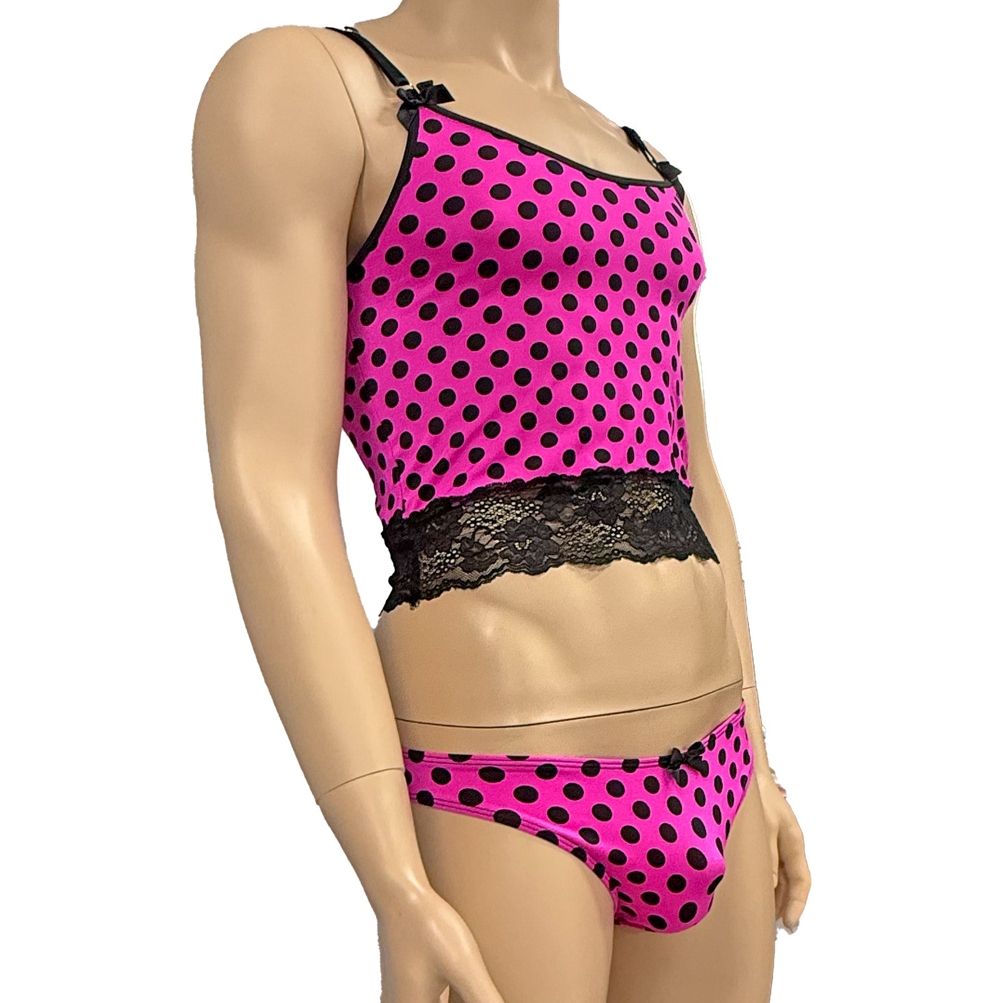 Mens Hot Pink Polka Dot & Lace Camisole Top & Seamless Bikini Brief