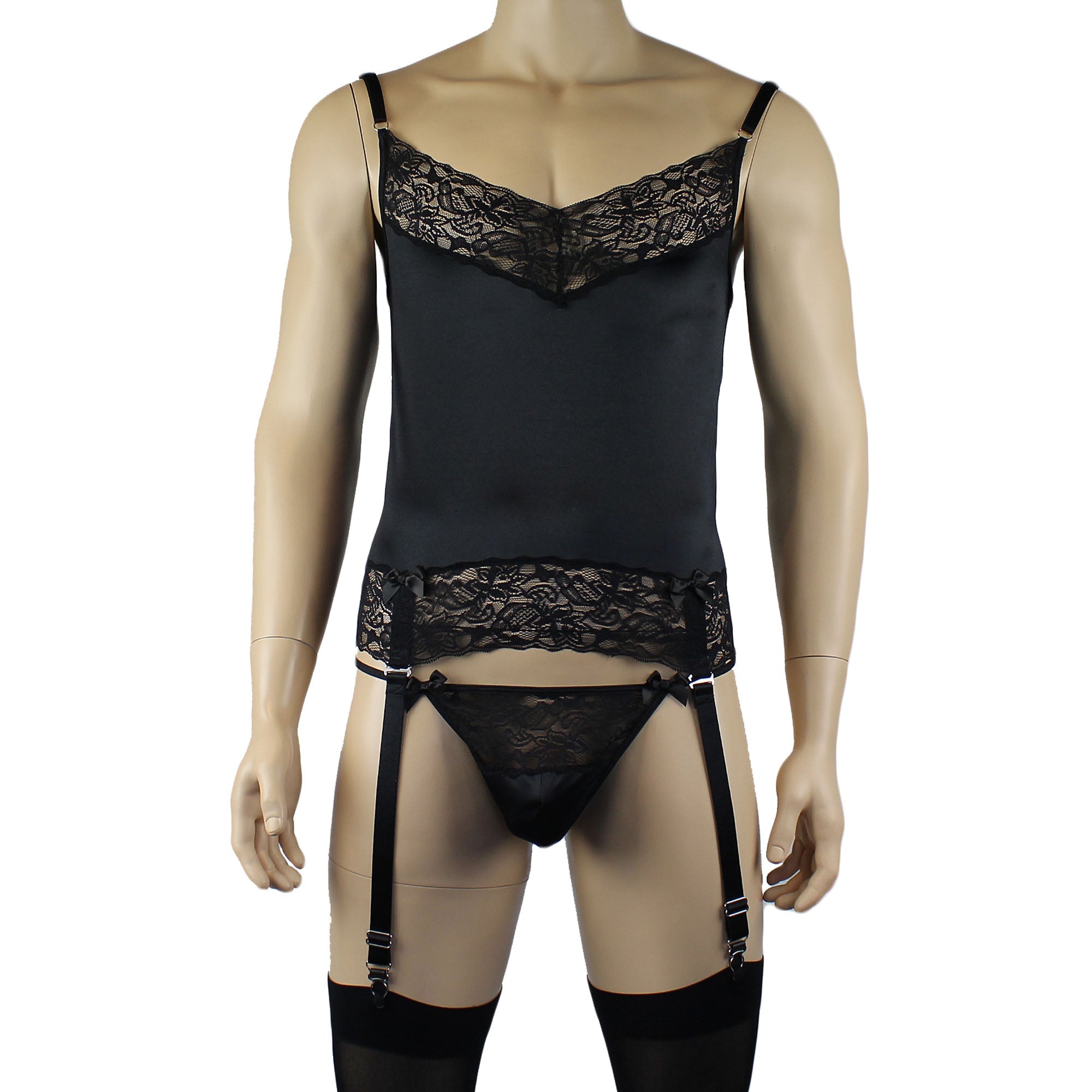 Male Romance Stretch Spandex Corset Camisole Top & G string for Lingerie Men Black or White