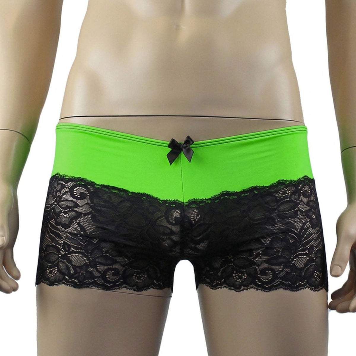 Mens Risque Boxer Briefs with Detachable Garters & Stockings Neon Green and Black Lace