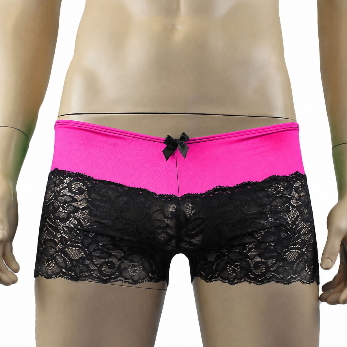 Mens Risque Camisole Top Boxer Briefs Neon Pink and Black Lace
