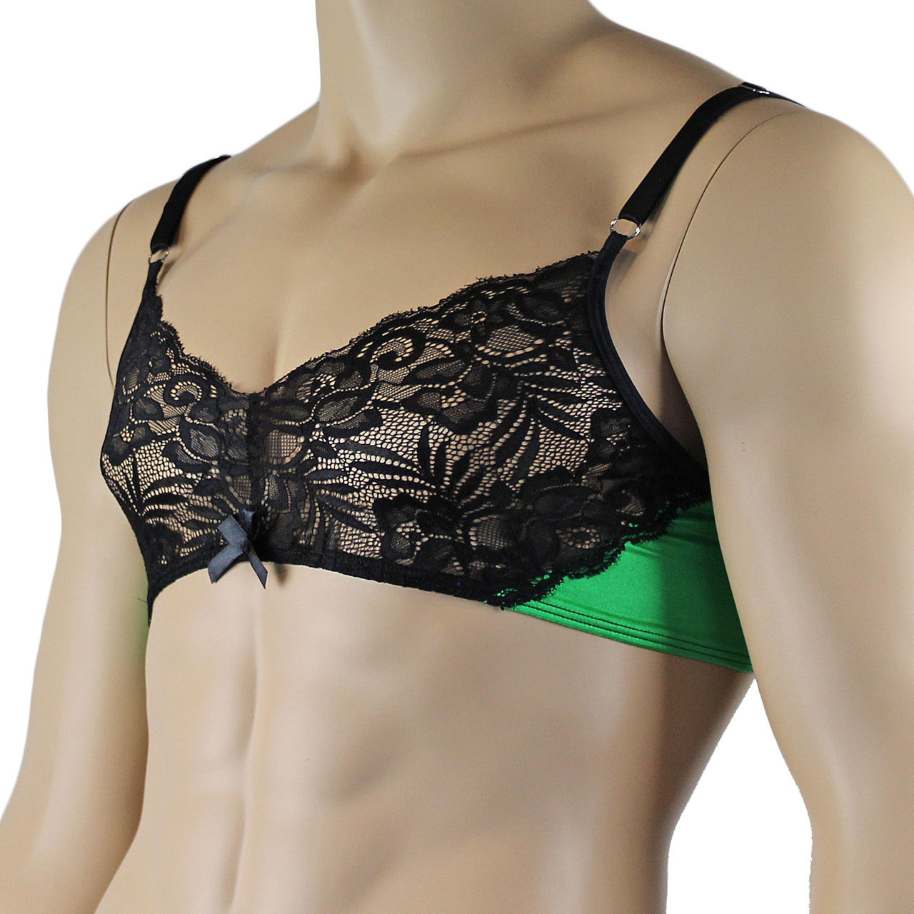 Mens Risque Bra Top with Wide Floral Lace Neon Green & Black Lace