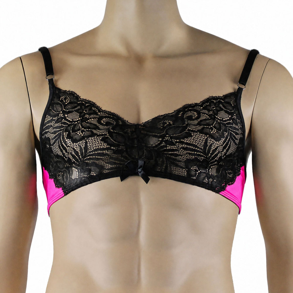 Mens Risque Bra Top, Boxer Briefs with Detachable Garters & Stockings Neon Pink & Black Lace