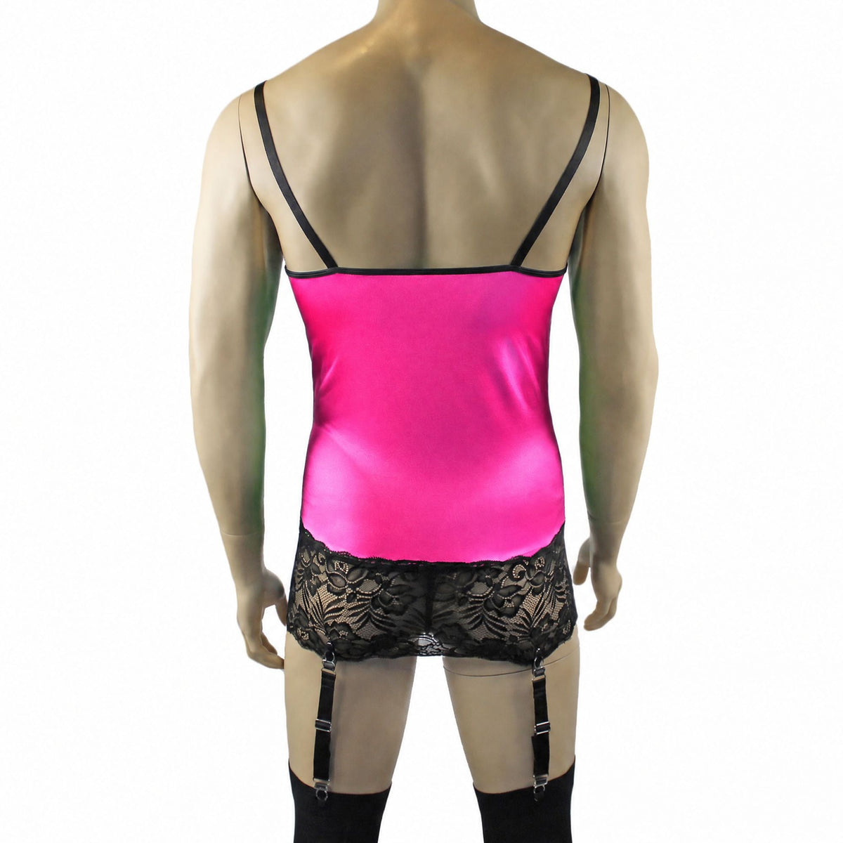 Mens Risque Camisole Mini Dress Chemise, G string & Stockings Neon Pink & Black