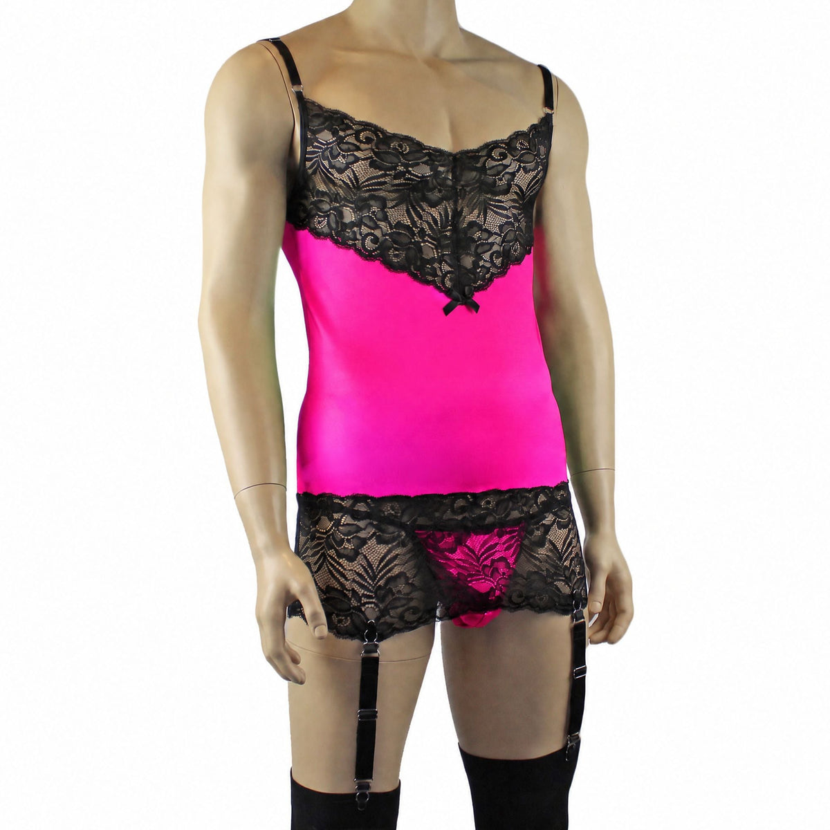 Mens Risque Camisole Mini Dress Chemise, G string & Stockings Neon Pink & Black