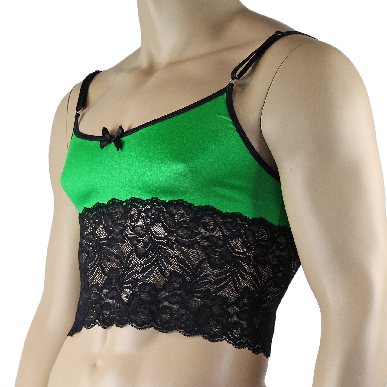 Mens Risque Camisole Bra Top with Wide Lace Trim (neon green and black lace plus other colours)