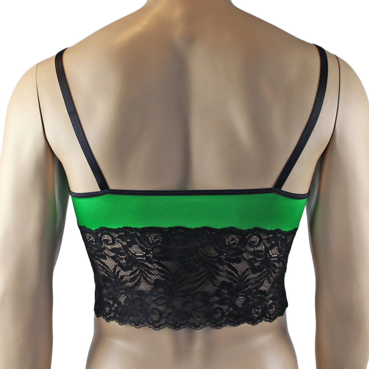 Mens Risque Camisole Bra Top with Wide Lace Trim (neon green and black lace plus other colours)