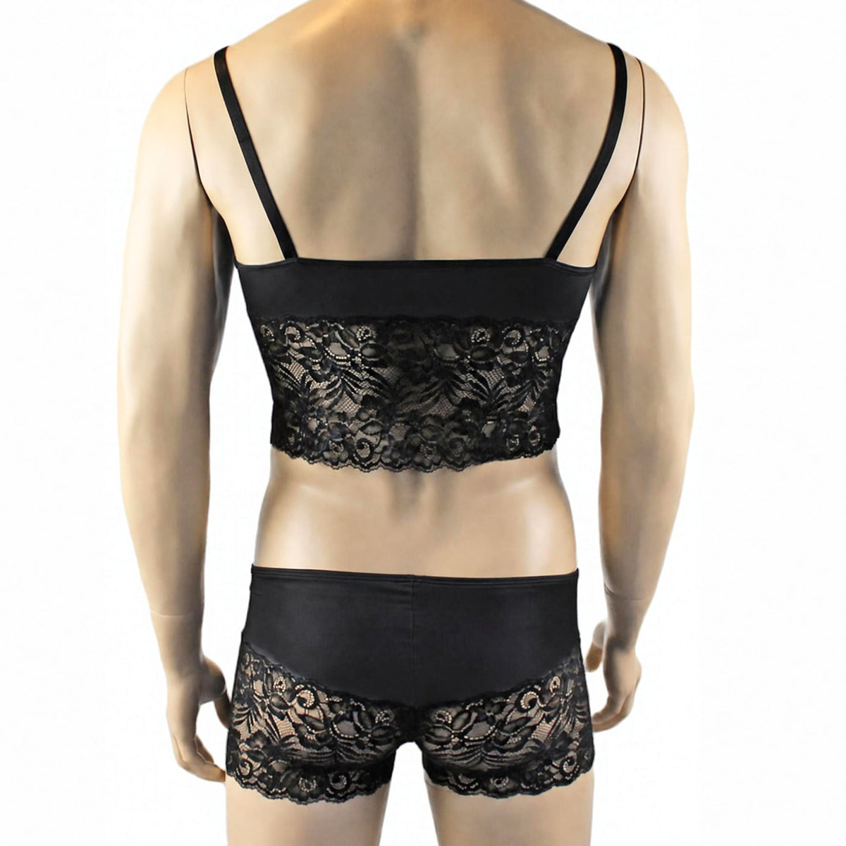 Mens Risque Camisole Top Boxer Briefs with Garters Black & Black Lace